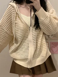 Cárdigan ahuecado para mujer, sudaderas con capucha de punto con cremallera, Tops de manga larga Harajuku informales sueltos, moda coreana