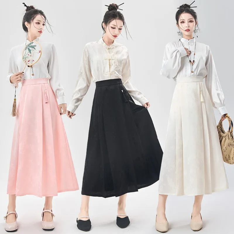 

Chinese Style Jacquard Horseface Skirt for Women Spring Summer Retro Joker Soft Drape Skirt Adult Improved Hanfu Female Clothing