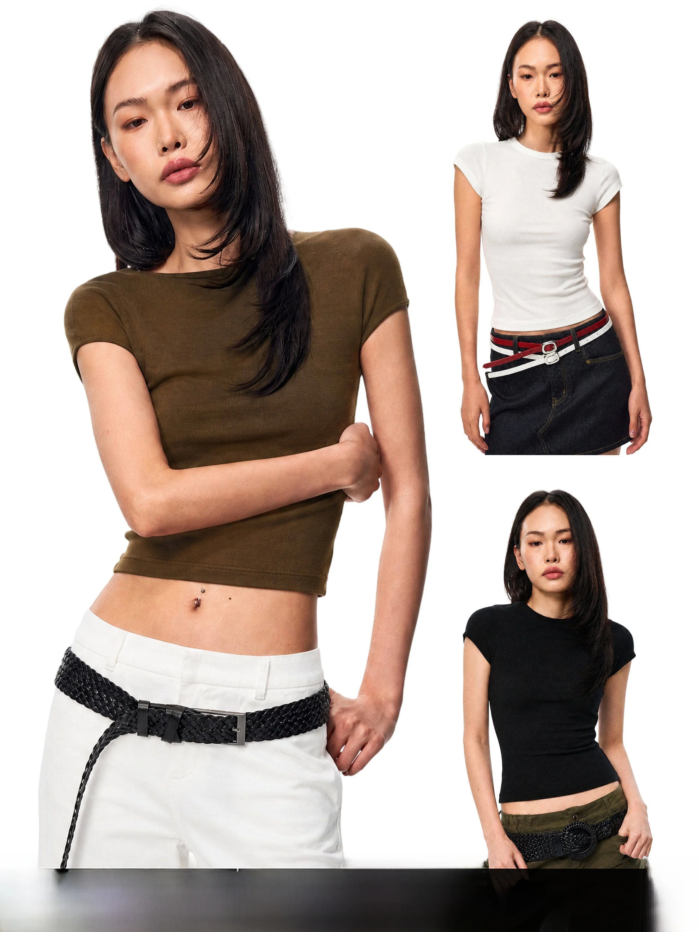 Gogo Burn American Style Basic Brown Short Sleeve Women's T-shirt Slim Fit Elastic Summer New Style Casual Leisure Wear