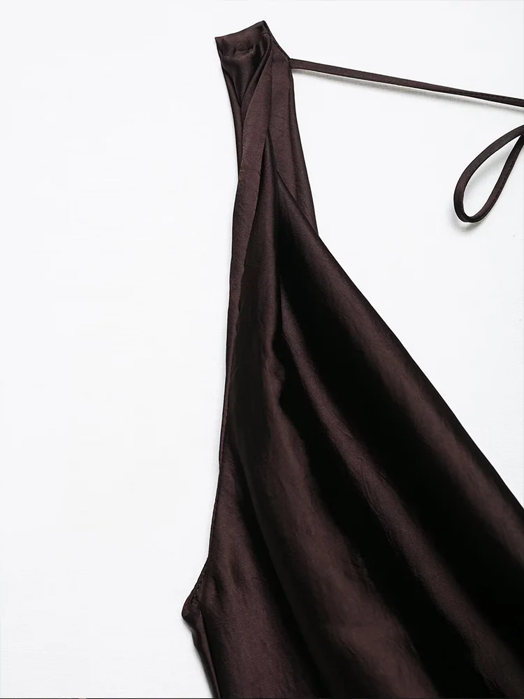 Europejski i amerykański styl wiosenny nowy trend w modzie damskiej temperament satynowa tekstura drapowany kołnierz sukienka bez pleców