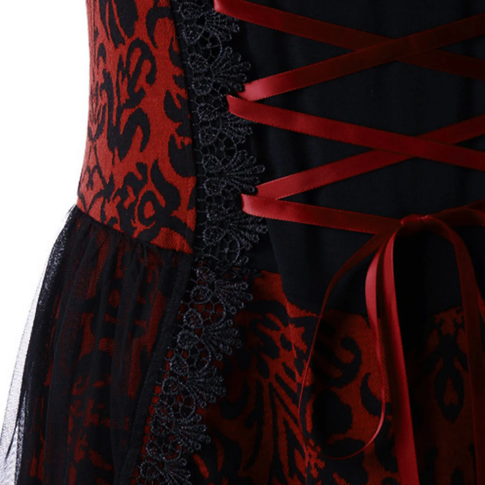 Gothic Lace Cami Dress For Women Vintage Lace Up Party Sleeveless Bandage Splicing A-Line Print High Waist Irregular Hem Dress