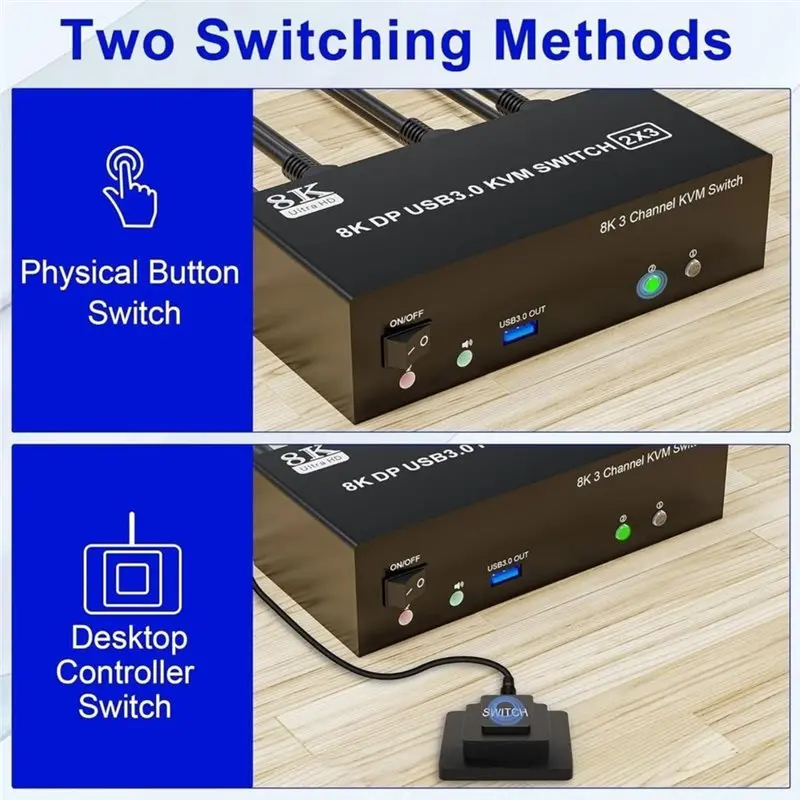 Super Deal -EU Plug 8K@ 60Hz Displayport KVM Switch Supports 3 Monitors 2 Computers, DP 1.4 With 2 USB 3.0 Ports Keyboard