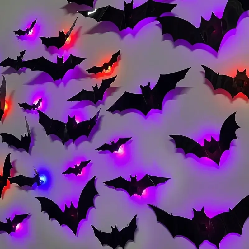 Halloween-Dekorationen, 3D-LED-beleuchtete Fledermäuse mit violett-grünen Lichtern, wasserfeste Fensteraufkleber für gruselige Dekoration im Innen- und Außenbereich
