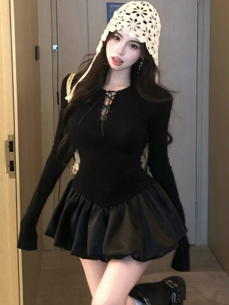 

Hebe Sexy Girl Long Sve Puffy Flower ort Dr Slimming Bla-Piece High Waist Spring Autumn Faion Casual Dr