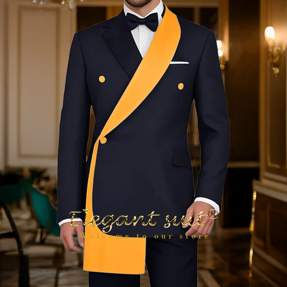 Men's stylish orange colorblock suit 2-piece suit, slim and elegant jacket with suit pants suitable for party dinner