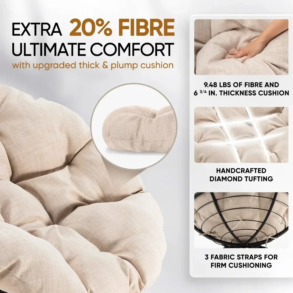 Living Room Chair 360 Swivel Comfy Papasan Chair with Fabric Cushion, Sturdy Metal Frame, Accent Bedroom Chair