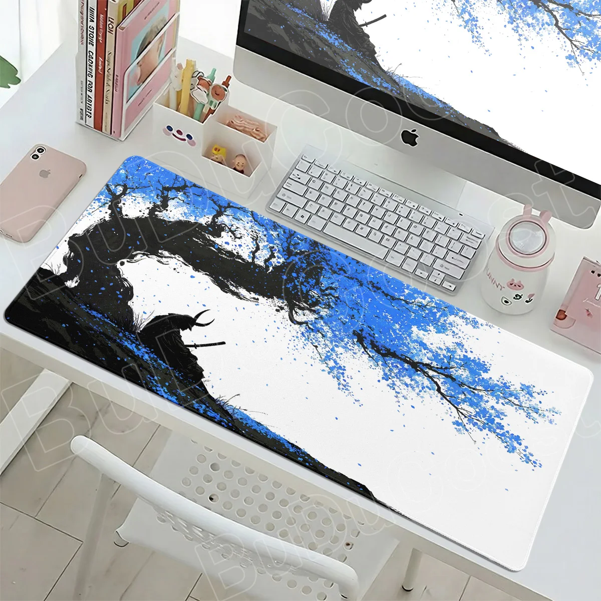 Mouse Pad Blue Japan Cherry Blossoms Office Extended Carpet HD Printing Anime Samurai Mouse Mat 30x80cm Gamer Keyboard Mausepads