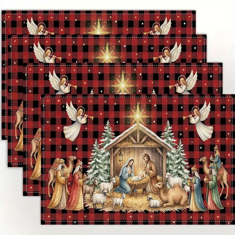VIKAMA Linen Placemats Holy Night Nativity Navy Gold, Stain Resistant Easy to Clean, Christmas Dinner Holiday Decor