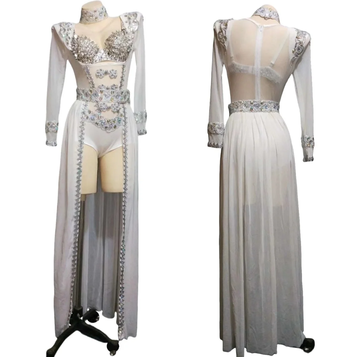 

Festival Celebrate Party White Bodysuit Belt Cloak Long Tail 2Pieces Set Club Dance Performance Wear Sexy Women Catsuit Baiyin