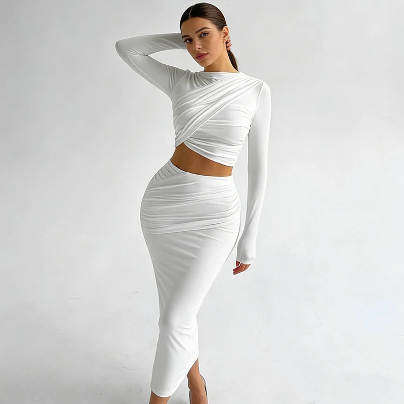 

Новый комплект из укороченного топа с длинным рукавом и плиссированной юбки макси, 2026, женский, из 2 предметов, элегантный однотонный наряд, приталенный, для вечеринок и торжественных мероприятий