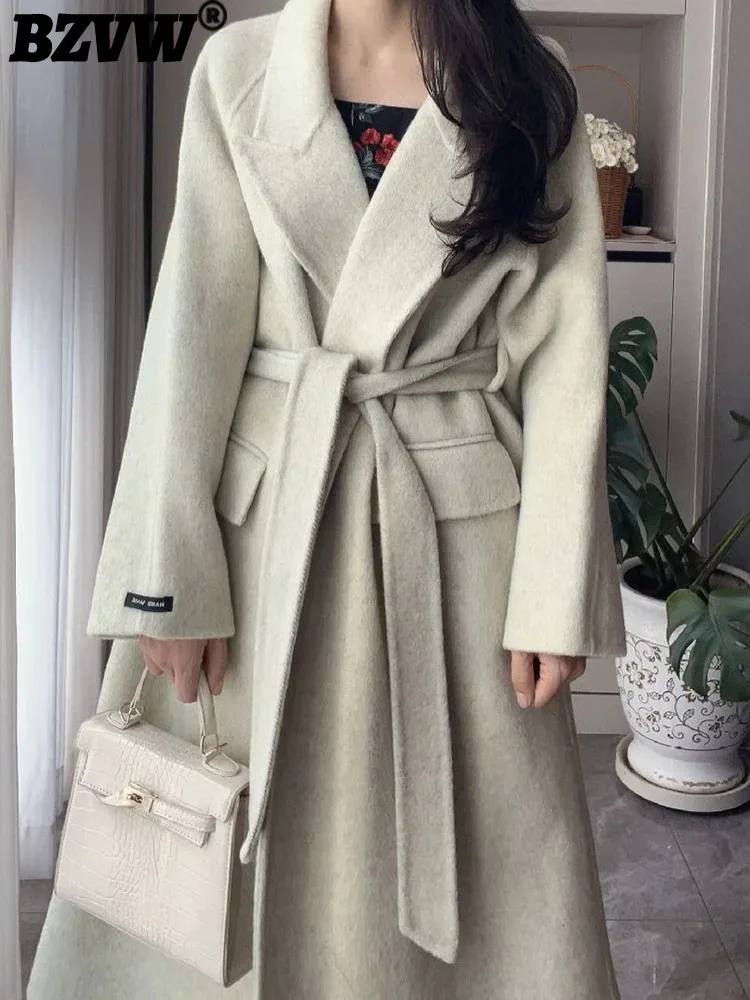 

BZVW Korean Elegant Double Sided Woolen Coat Women's Lapel Belt Gathered Waist Versatile Long Coats 2024 Winter New 25Z1207