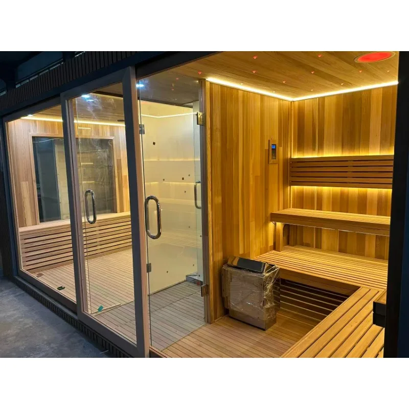 Modern Outdoor Side Entry Sauna Room With Waterproof Roof, Smart Control Panel, And Red Cedar Bench For Family Relaxation