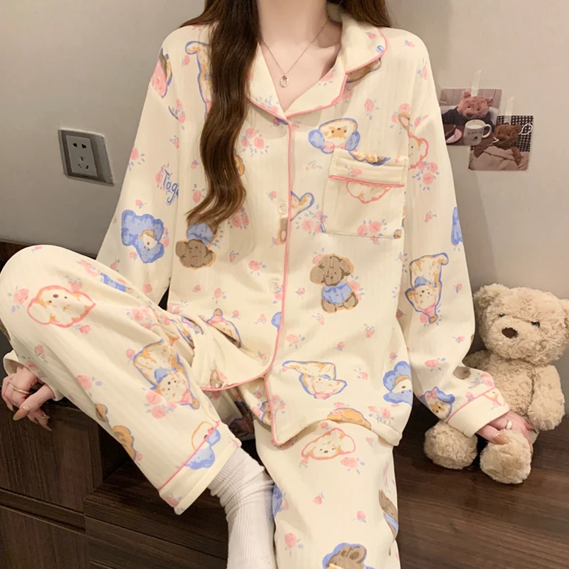 Y2K Cute Dog Outside Pajamas Set for Women Letter Print Fashion Cartoon Kawaii New Women Pajamas Harajuku Style Casual Sleepwear