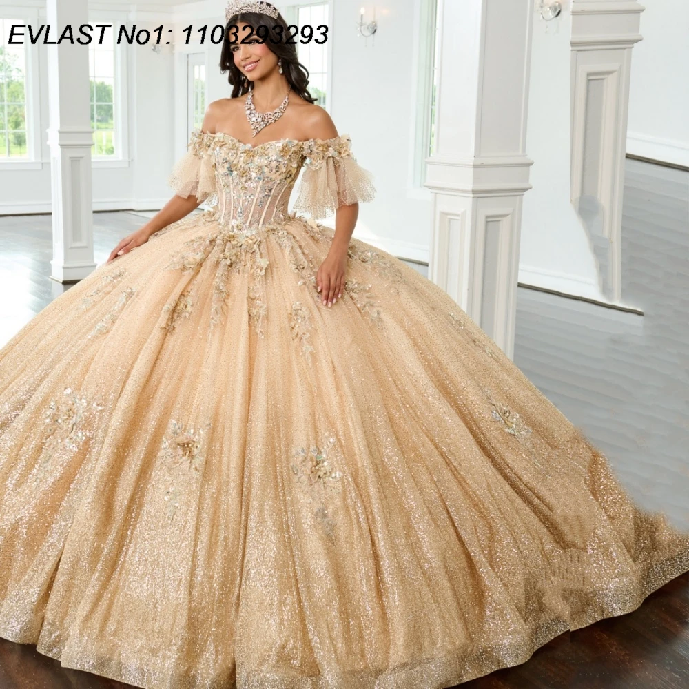 EVLAST Customized Elegant Champagne Quinceanera Dress Ball Gown 3D Floral Applique Beading Sweet 16 Vestidos De 15 Anos AQ128