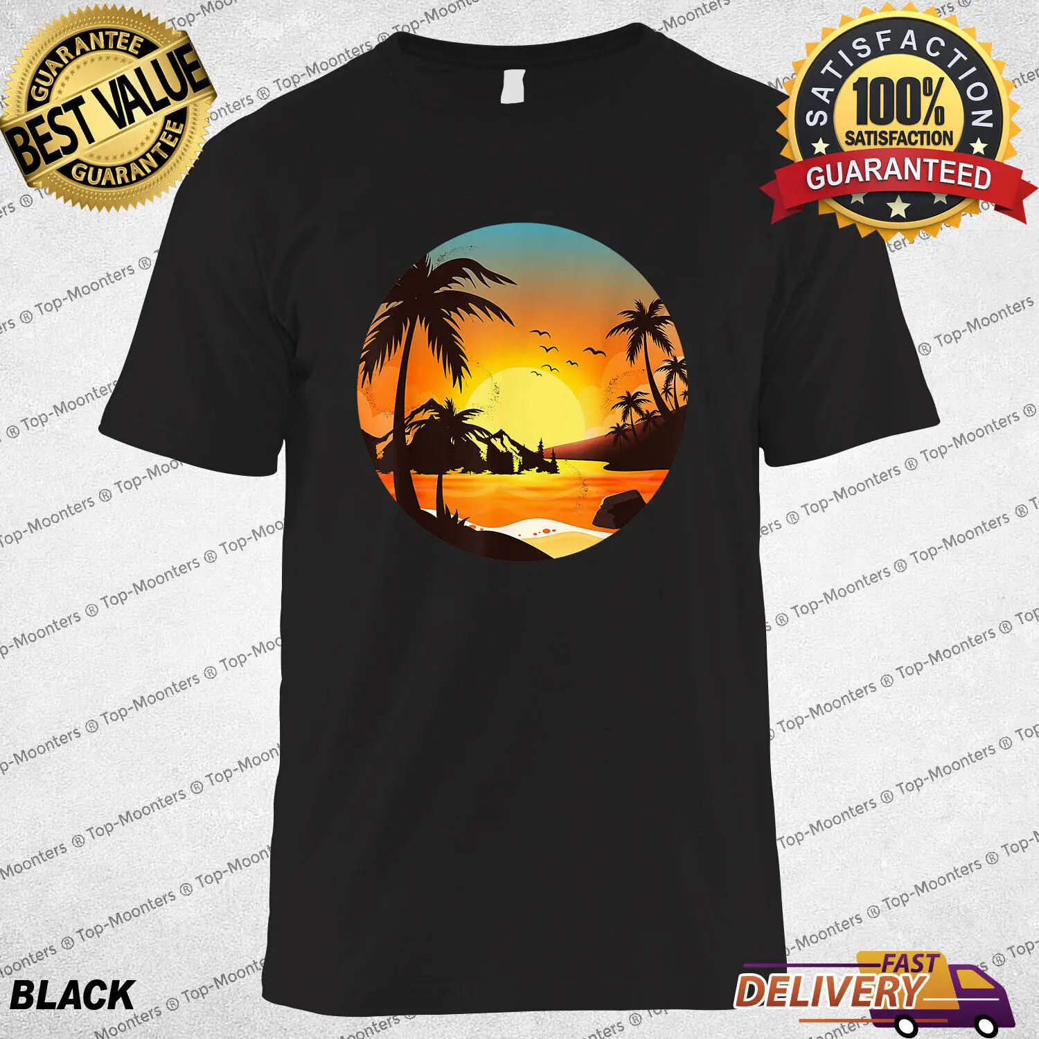 Tropical Sunset Mountains Beach Vacation Palm Trees Forest T-Shirt Womens Mens