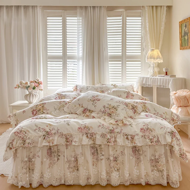 100% Cotton Flowers Print Lace Ruffles Princess 4/6Pcs Bedding Set Queen King Size Korean Style Duvet Cover Bedskirt Pillowcases