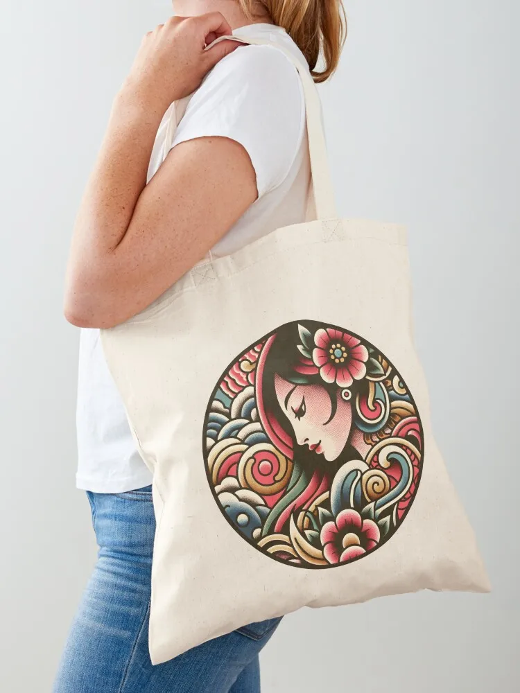 Tropical Floral Girl Tattoo Tote Bag shopping bag Women's shopper Canvas bag
