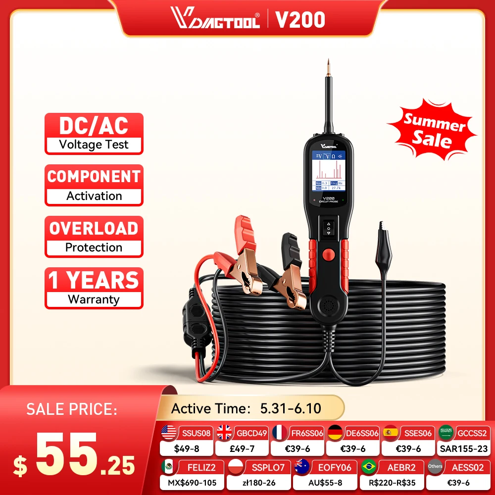 

VDIAGTOOL V200 Car Electric Circuit Tester 6V-30V Automotive Power Probe Kit Electrical System Tester LCD Display Voltage Tester