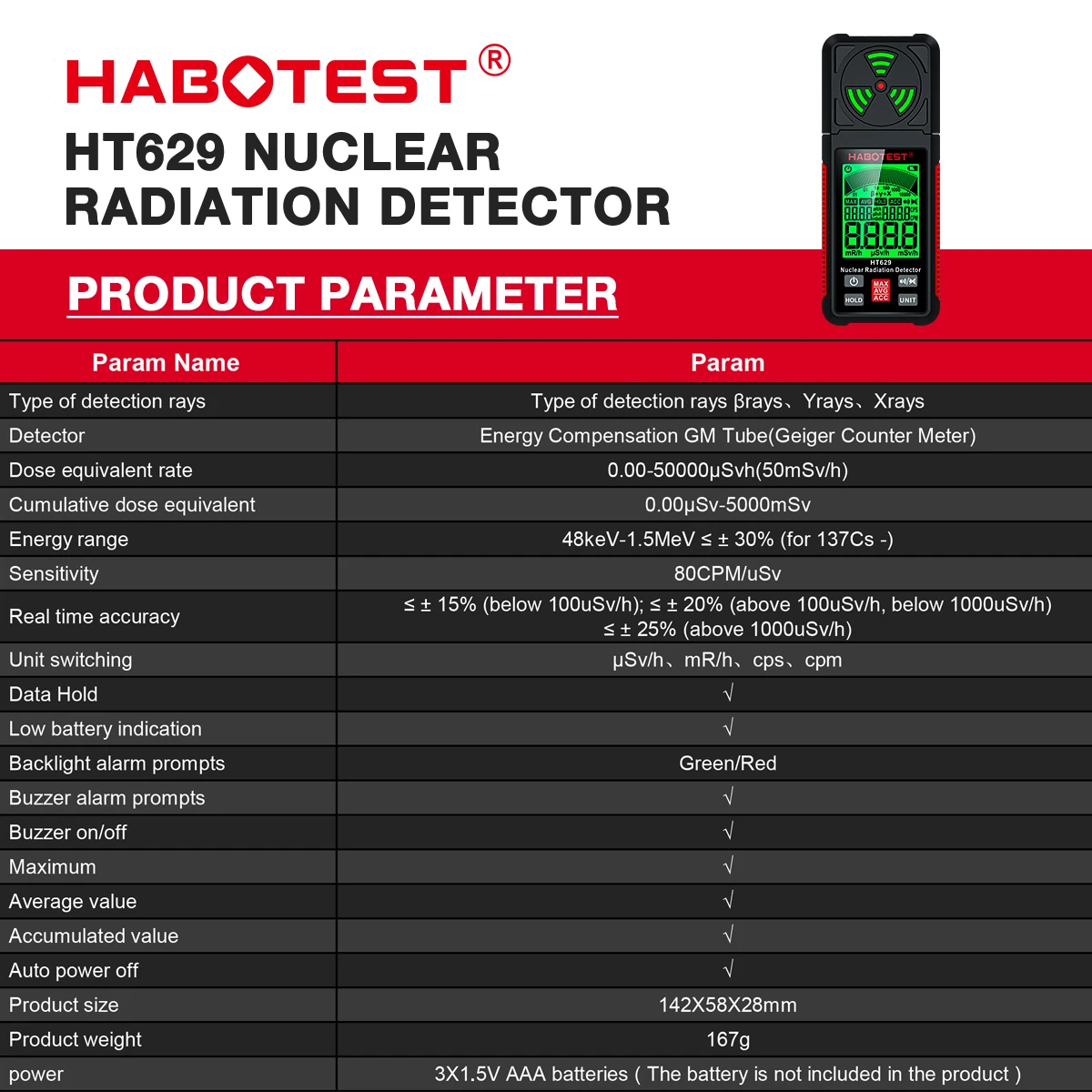 HABOTEST HT629 Geiger Counter Nuclear Radiation Detector X-ray Beta Gamma Radioactivity Detector for Nuclear wastewater Tester