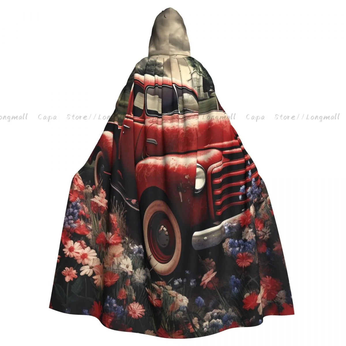 4th Of July Patriotic Old Red Truck Print Cloak Hooded Cosplay Costume Halloween Adult Long Party Cape