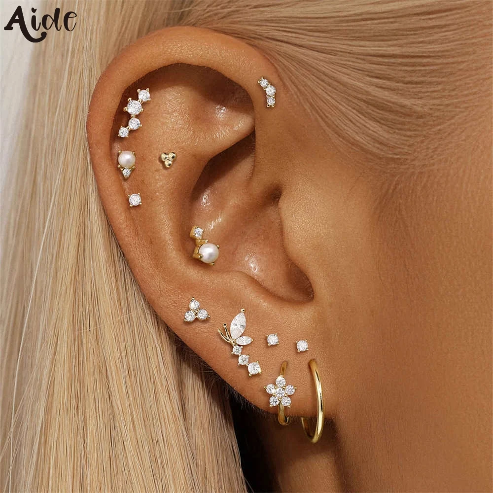 Aide 1pc 14k Solid Gold DIY Handmake Zircon Pearl Puncture Stud Earrings Minimal Wedding Bride Gift Pendientes Fine Jewelry