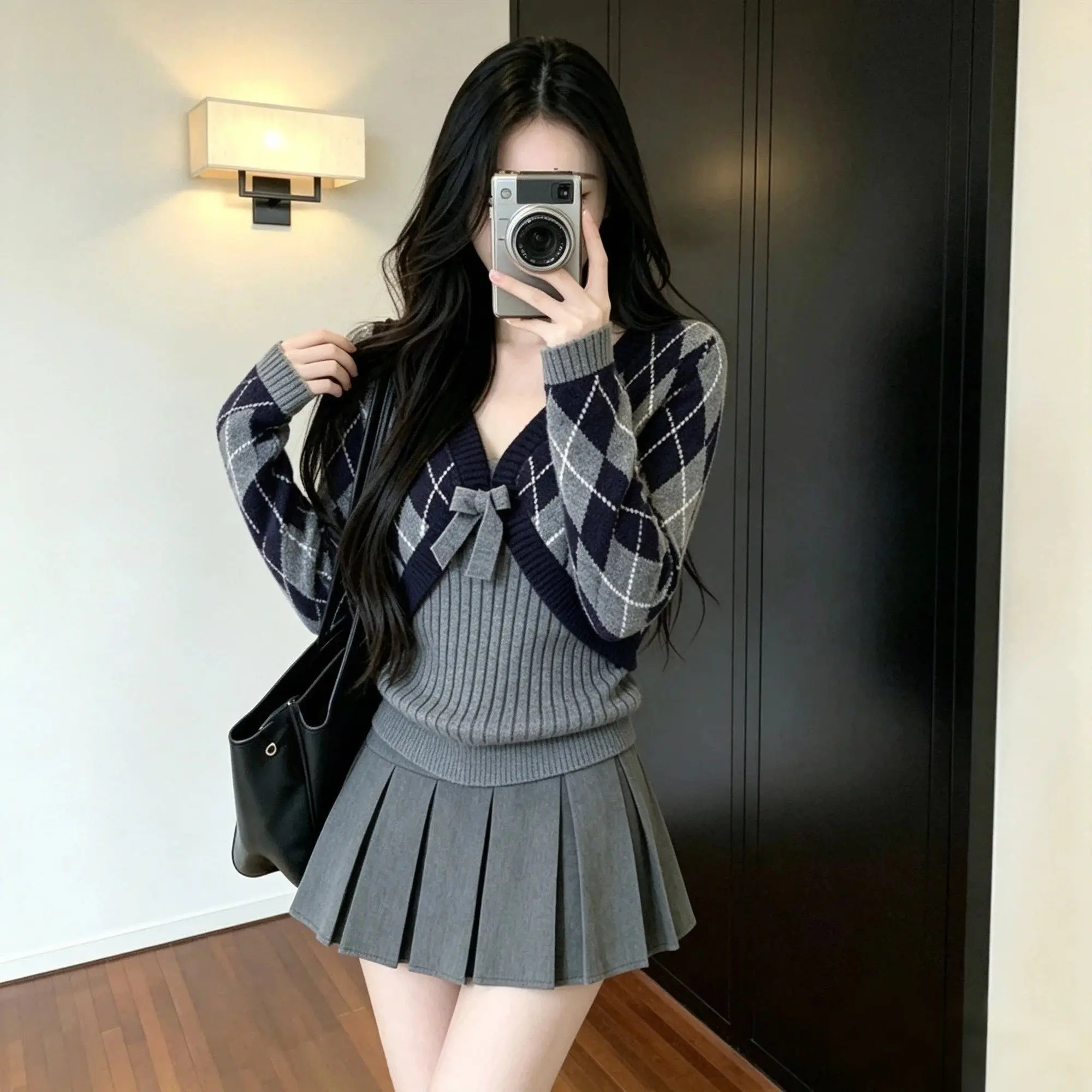 Kimutomo Korean Preppy Style Gray Argyle Tie-Front Knit Cardigan Women Autumn Slim Fit Camisole Vest Top Set