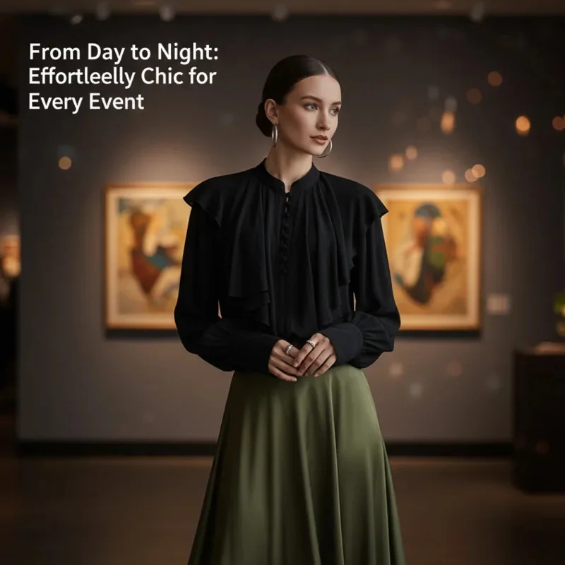 Elegant Women's Chiffon Ruffle Blouse Long Sleeve Slim Fit Office Shirt Solid Color High Neck Button Top Stylish Autumn Outfits