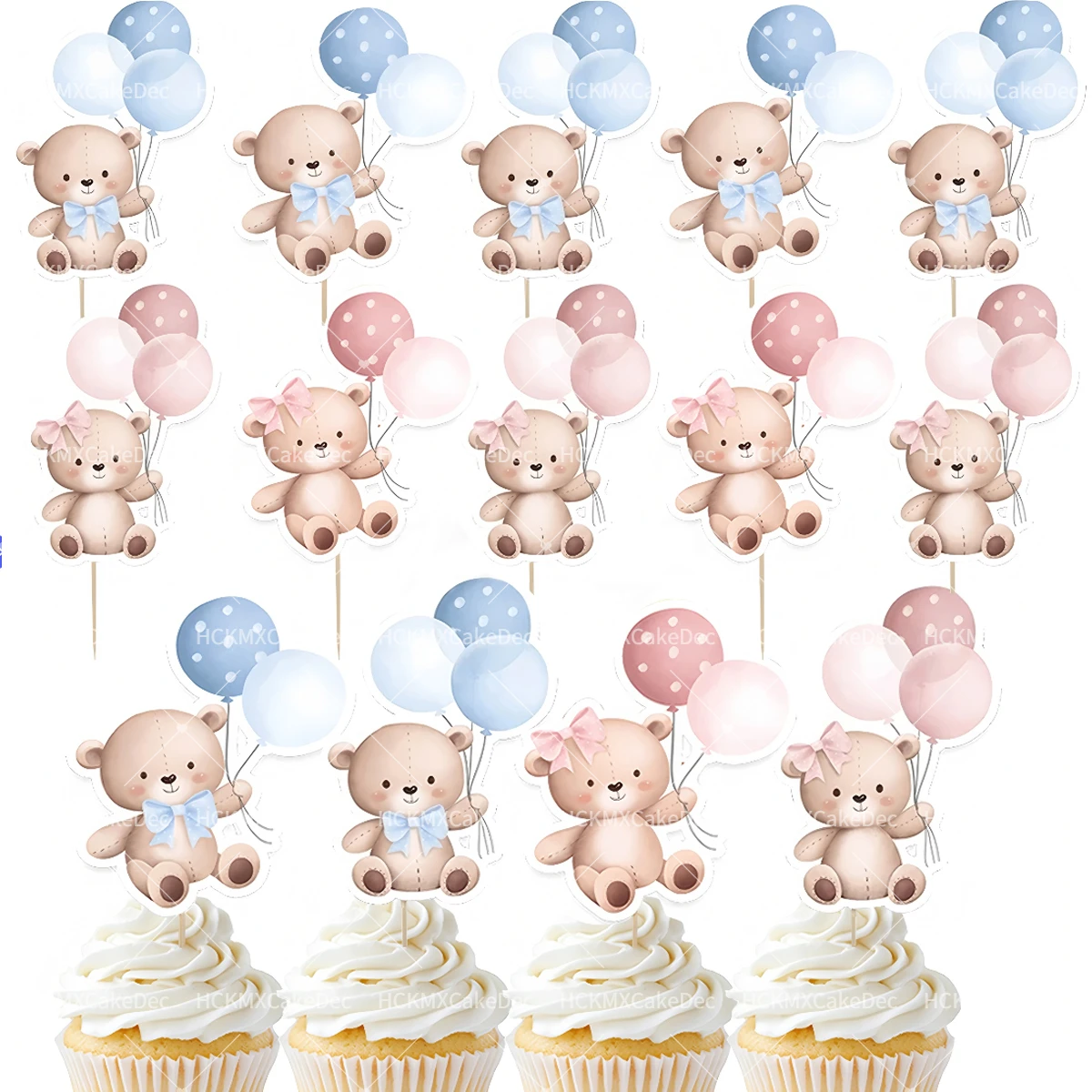 12er/24er-Set Teddybär-Cupcake-Topper, blau-rosa Ballonbär-Kuchenaufsätze für Babyparty, Geschlechtsoffenbarung, Geburtstagsfeier-Dekoration