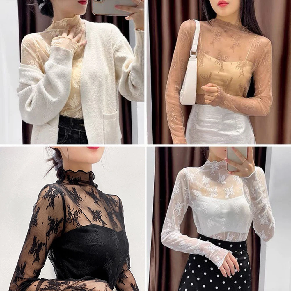 Women Lace Flower Perspective Mesh T-Shirts Summer Breathable See-Through Tee Tops Multi-color Long Sleeve Bottoming Shirts