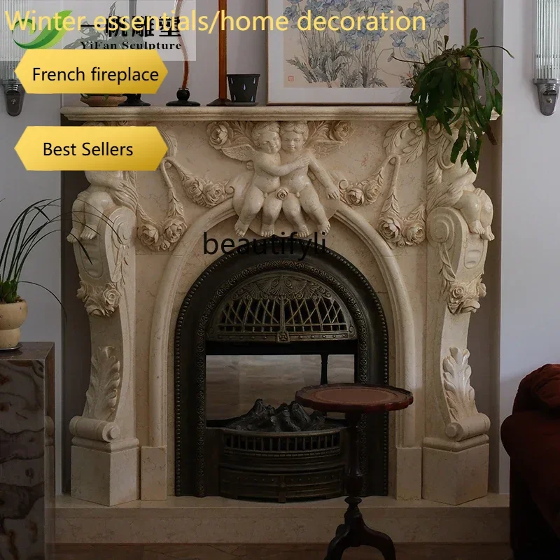 Marble fireplace European French villa living room retro style angel figure statue