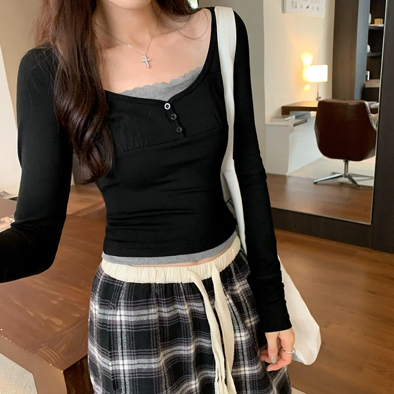 أسود وهمية قطعتين تقسم الداخلية أسفل قميص للنساء 2025 الربيع والخريف جديد بأكمام طويلة تي شيرت