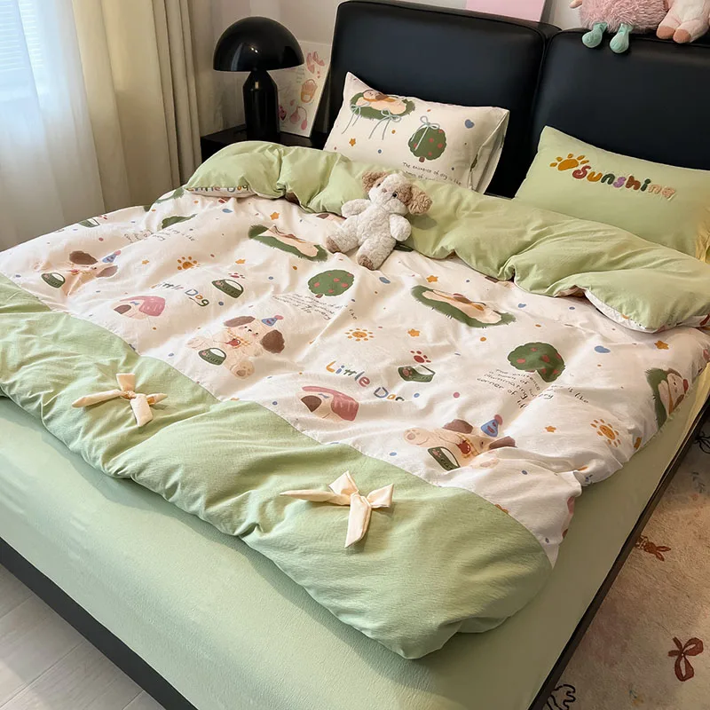 Girl Princess Style Pure Cotton Bedding Set Soft Sleep Naked Bow Bedclothes for Bedroom French Bed Decoration for Four Seasons