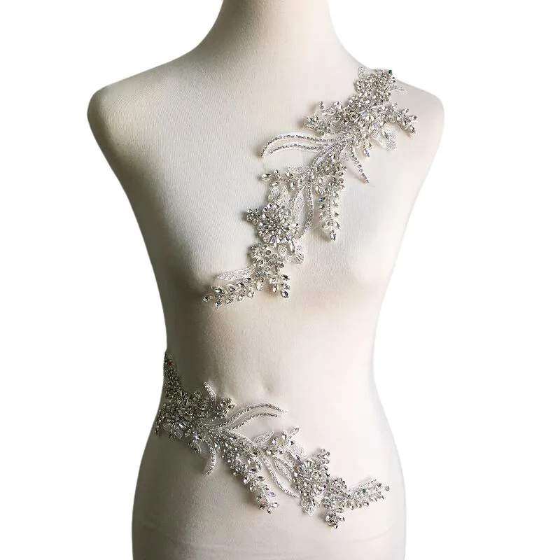 MultiColor Hand-Sewed Glass Drill Mirror Flowers Collar,Sparkling Rhinestone,Flower Waistbands Shoulders,Wedding Dress,DIY Patch