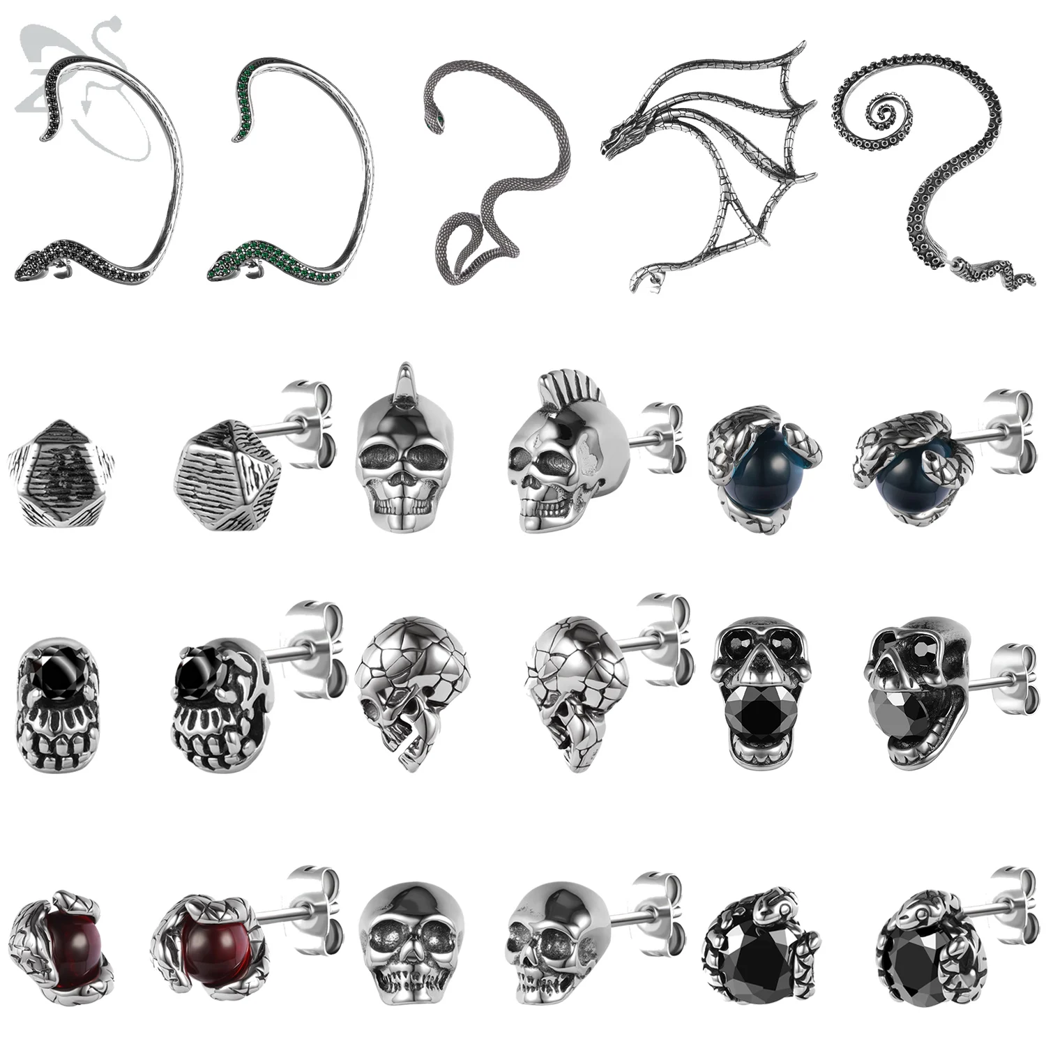 ZS 1Pair Skull Snake Cross Stud Earring Stainless Steel Earring Octopus Tentacles Earring for Men Punk Rock Gothic Earring 20G