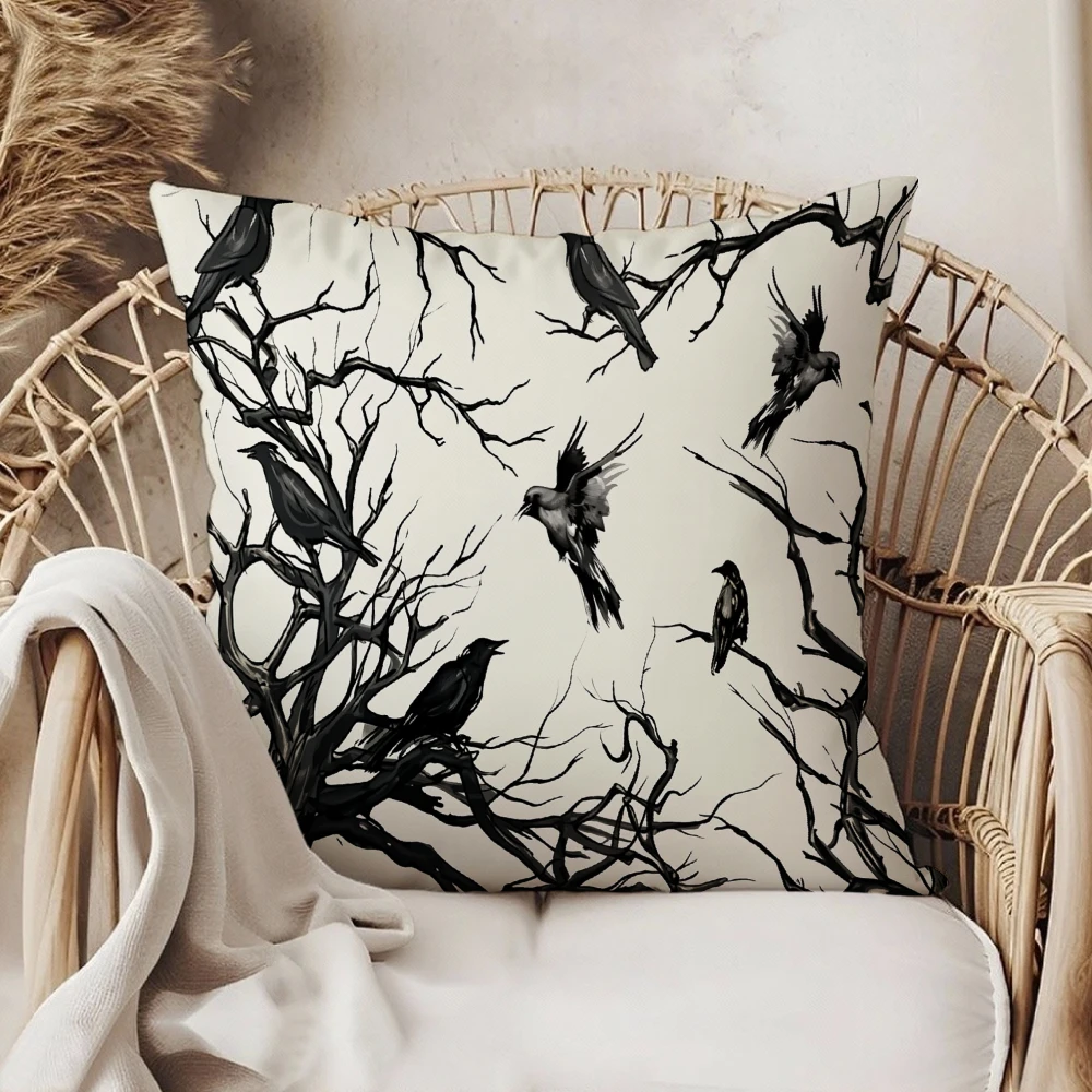 Square Throw Pillow Case Cream White Black Birds On Bare Branches Print Decorative Cushion Cover For Living Room Sofa Bedroom Ho