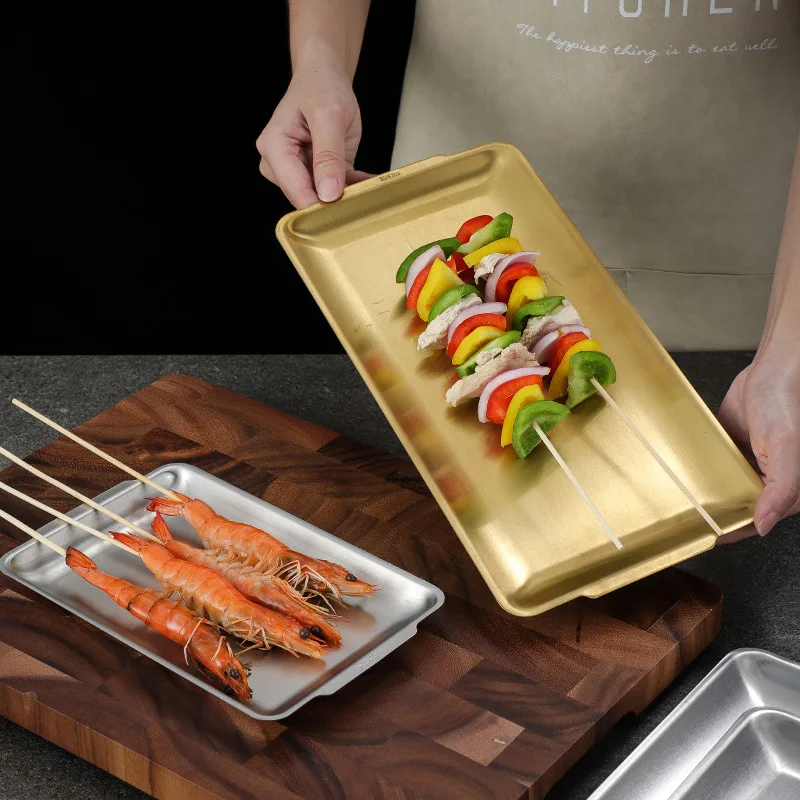 Stainless steel Korean rectangular plate, thickened flat-bottomed hotel vegetable plate, sushi , tray storage