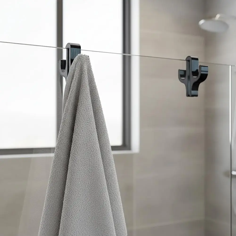 Bohrfreie Duschvorhanghaken aus schwarzem Kunststoff – Handtuchhaken für Glasduschtüren, Badezimmer-Organizer für Handtücher, Badeschwämme und Bademäntel – Detail 8