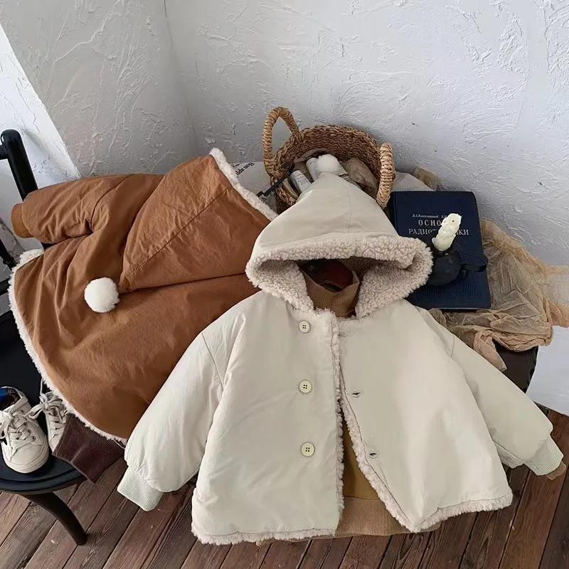 WOOFOO Winter New Warm baby Outerwear, Thickened Cotton Wool Sweater for Children, Versatile Lamb Wool Top for Babies