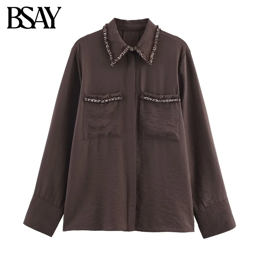 

BSAY Trimmed Textured Shirt for Women Fashion Autumn Winter Pocket Long Sleeves Single Breasted Lapel Blouse Chic Ladies Top