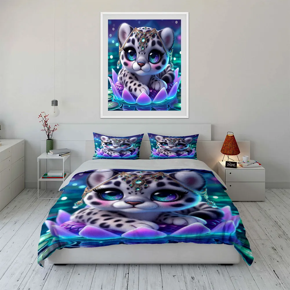 Dreamy Adorned Leopard on Lotus Duvet Cover Set with 3D Printing Design Soft Polyester Bedding Set All-Season Comfort for gifts