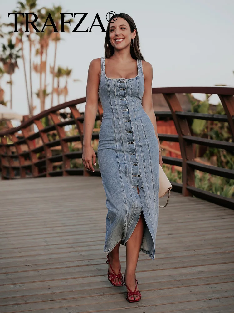 

TRAFZA 2024 Female High Street Long Dress Denim Blue O-Neck Sleeveless Single Breasted Decorate Slit Summer Dresses Woman Trendy