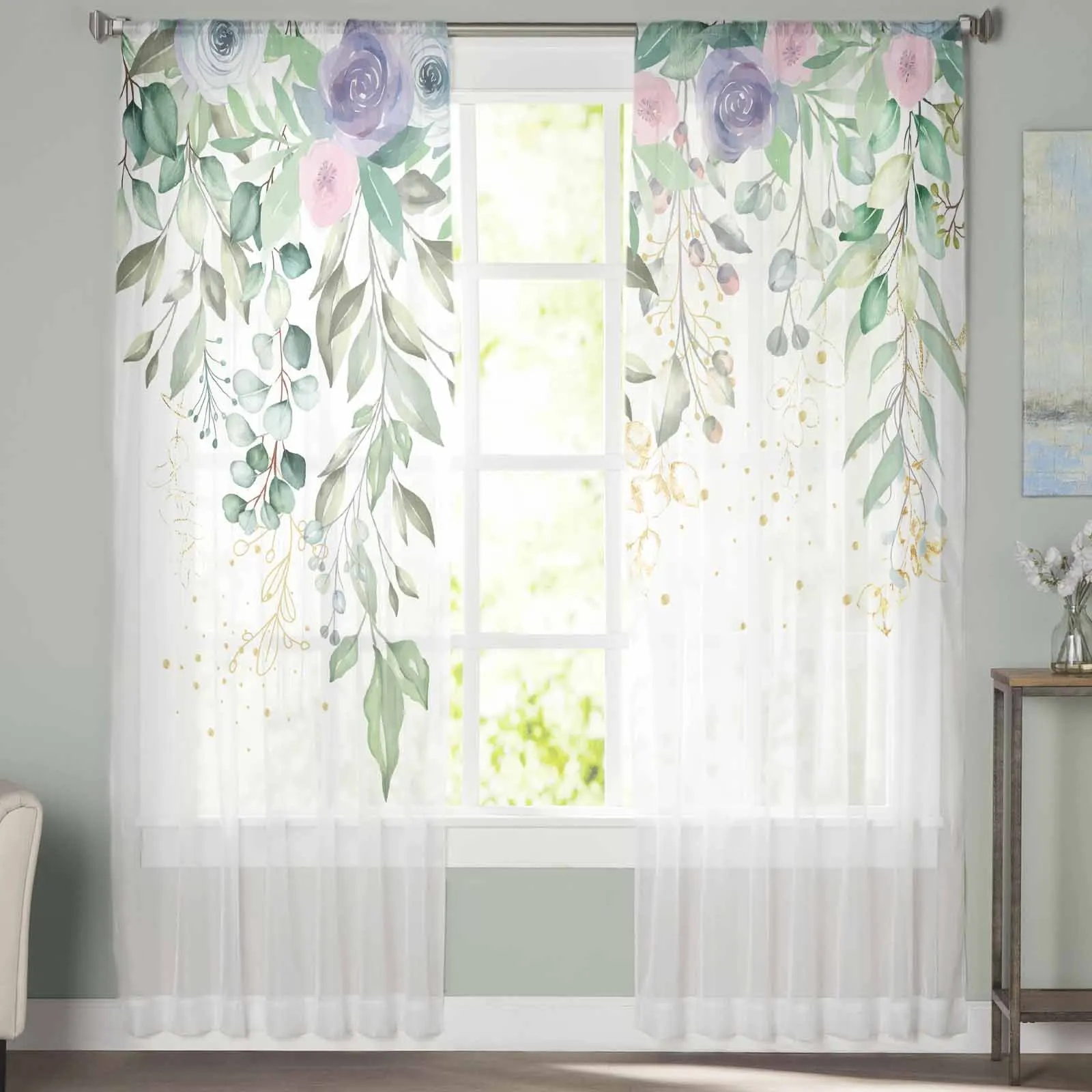 Eucalyptus Leaf Flower Tulle Curtains For Bedroom Home Decor Living Room Kitchen Voile Curtains For Blind