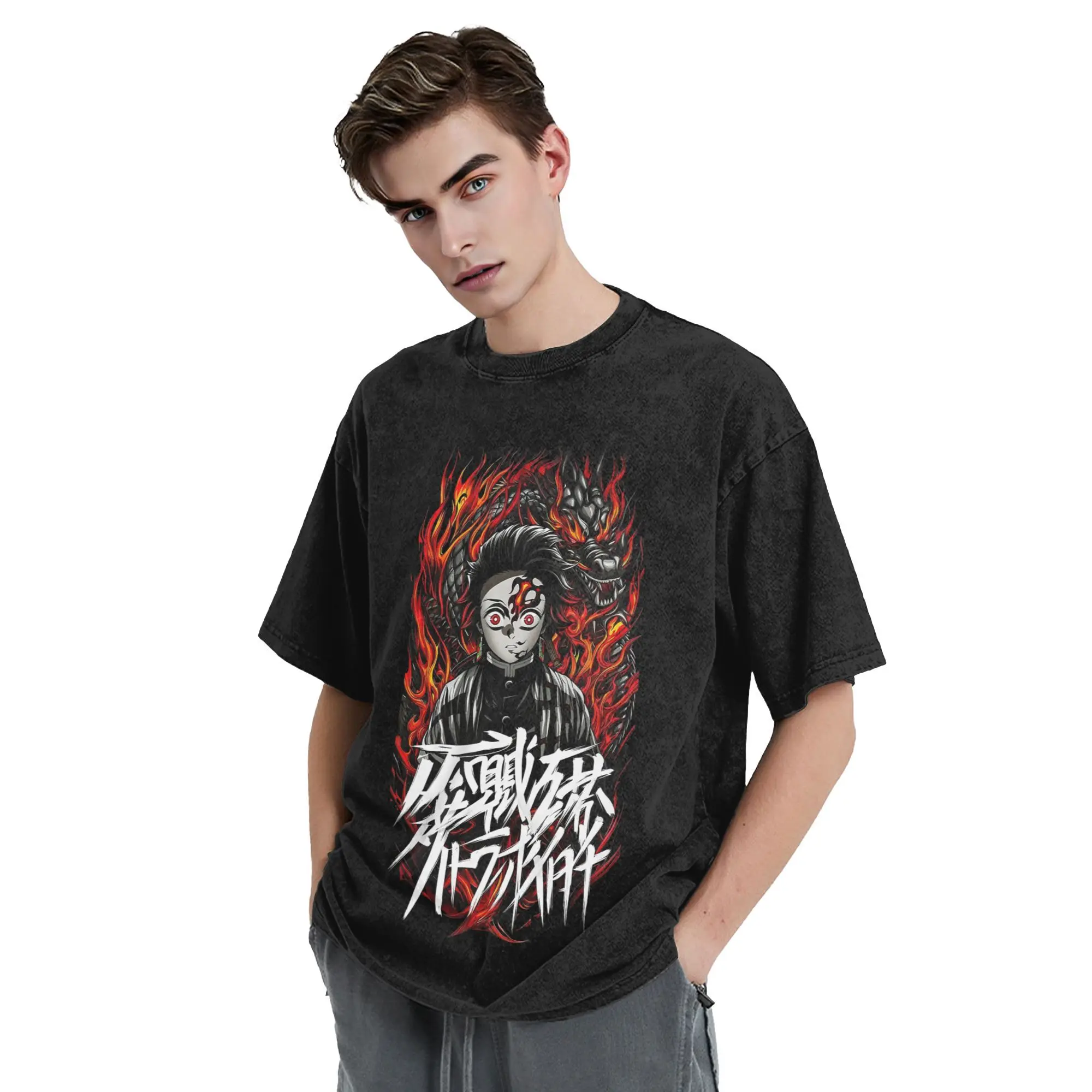デーモンスレイヤー 竈門炭治郎 ウォッシュドTシャツ ストリートウェア ヒップホップ ファッションTシャツ メンズ レディース コットン 原宿風 グラフィックTシャツ