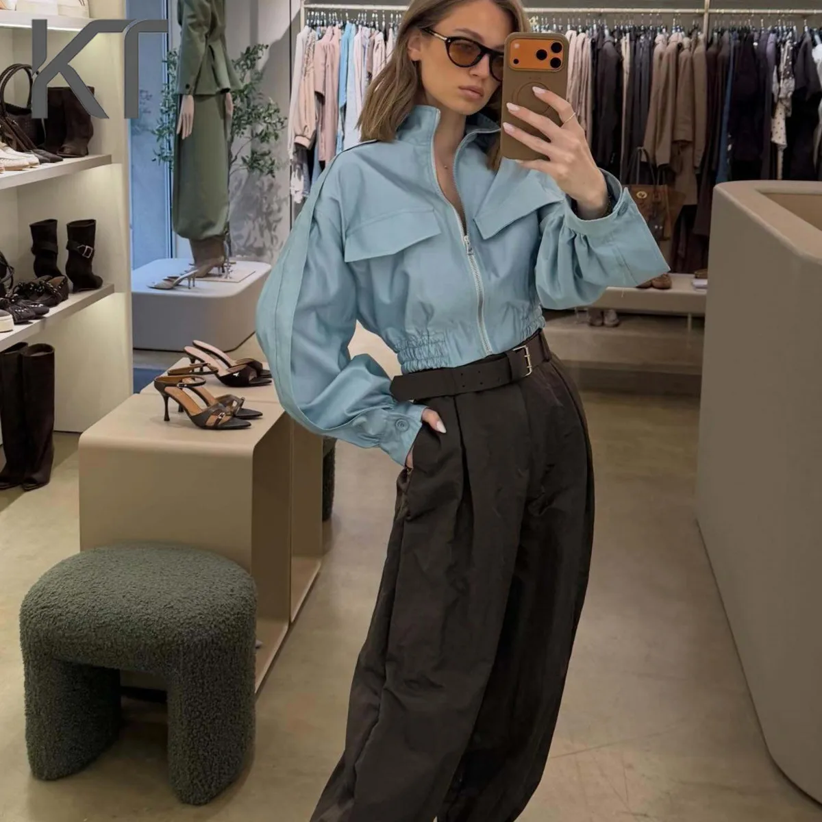

KT Streetwear Cropped Jacket For Women Stand Collar Puff Sleeve Zip Up Elastic Waist Cargo Pockets Casual Utility Jackets