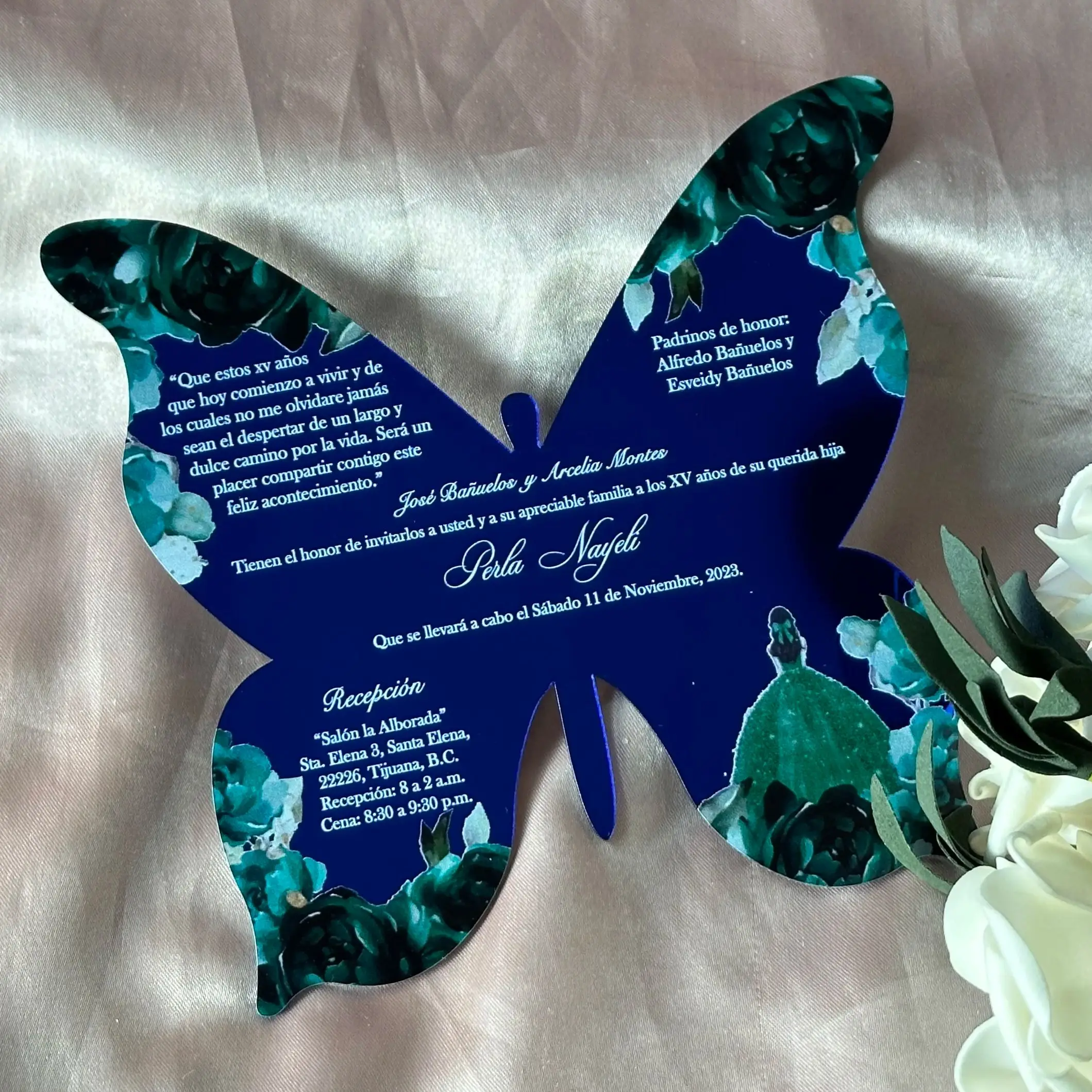 

10pcs Custom Acrylic Quinceanera Invitations,Mirror Blue Butterfly XV Sweet Birthday Invitation Card for Party Gift Decoration