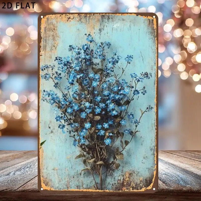 [2D Flat] 2D Plane, 1pc, Blue Forget-Me-Not Floral Art Print Wooden Tin Sign, Pre-Drilled, Suitable for Indoor, Garden, Bathr