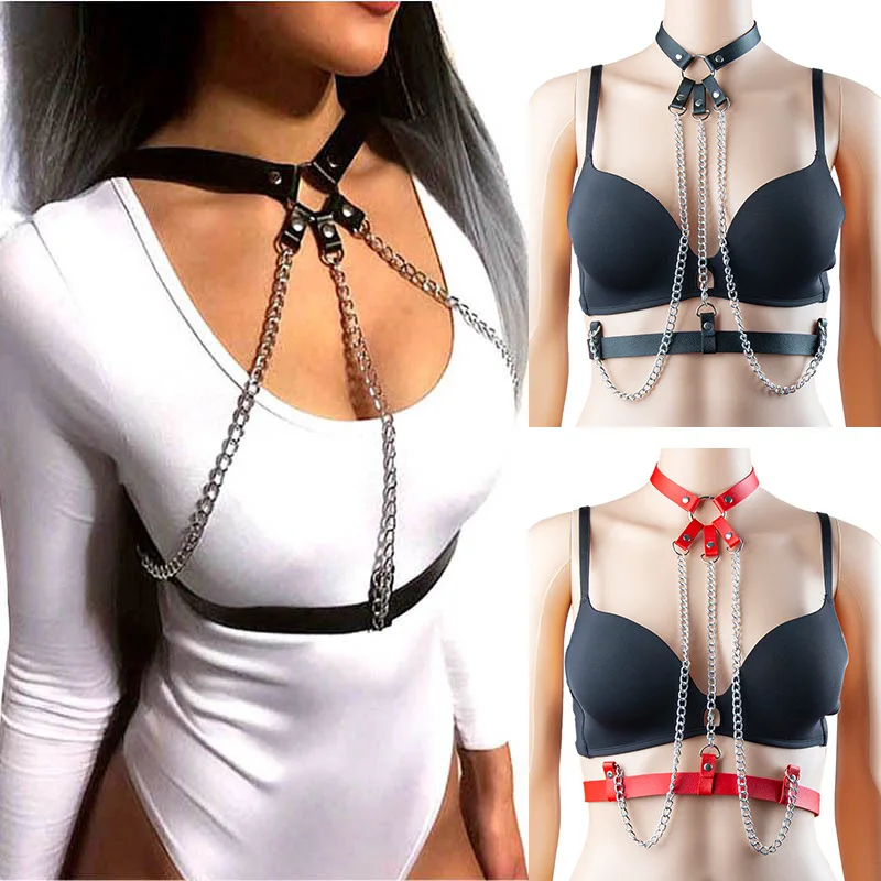European and American punk PU leather bondage necklace neck chain belt integrated sexy chest chain collar waist cha