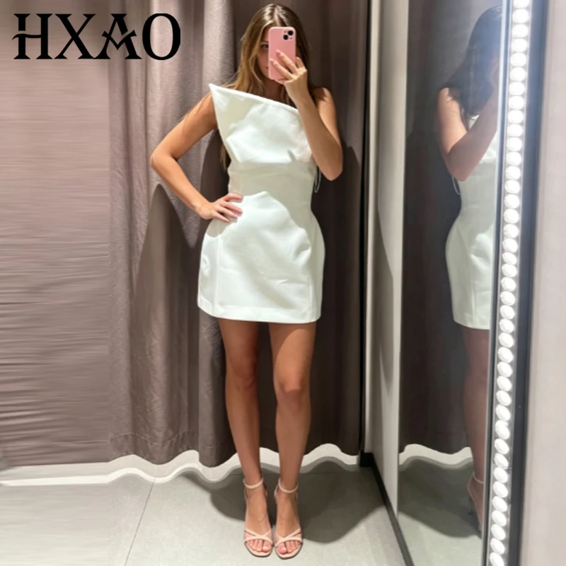 HXAO Mini Weißes Asymmetrisches Kleid Damen Sommerkleid 2026 Schickes Schulterfreies Ärmelloses Rückenfreies Kleid Elegante Partykleider – Detail 3