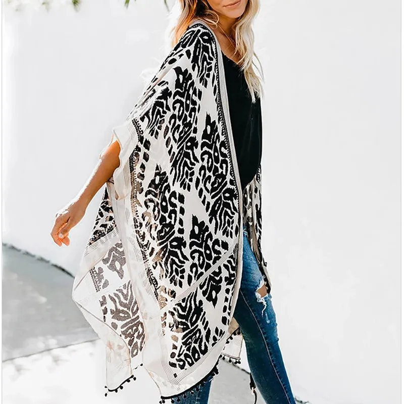 Womens Boho Printed Kimono Beach Cover Up Fashionable Summer Open Front Loose Cardigan Top With Tassel Thin Jumper Tops Holiday