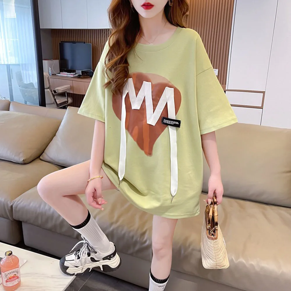 Korean Clothes Female 2024 Summer New Med-long Looes T-shrits For Women Fashion Casual Tees Cotton Short Sleeve Ladies Tops